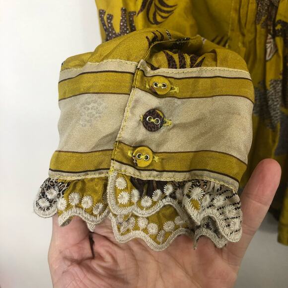 Johnny Was Top Taly Evette Silk Blouse Yellow Safari High Neck Ruffle Small - Picture 3 of 7